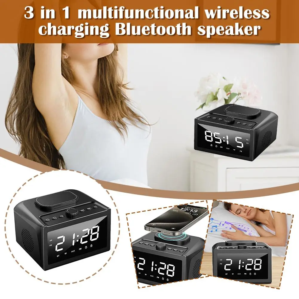 Wireless Charging Bluetooth Speaker Clock Alarm 3-in-1 Sound Charging LED Column Radio Display Multi-function FM Sound HIFI Y6J0