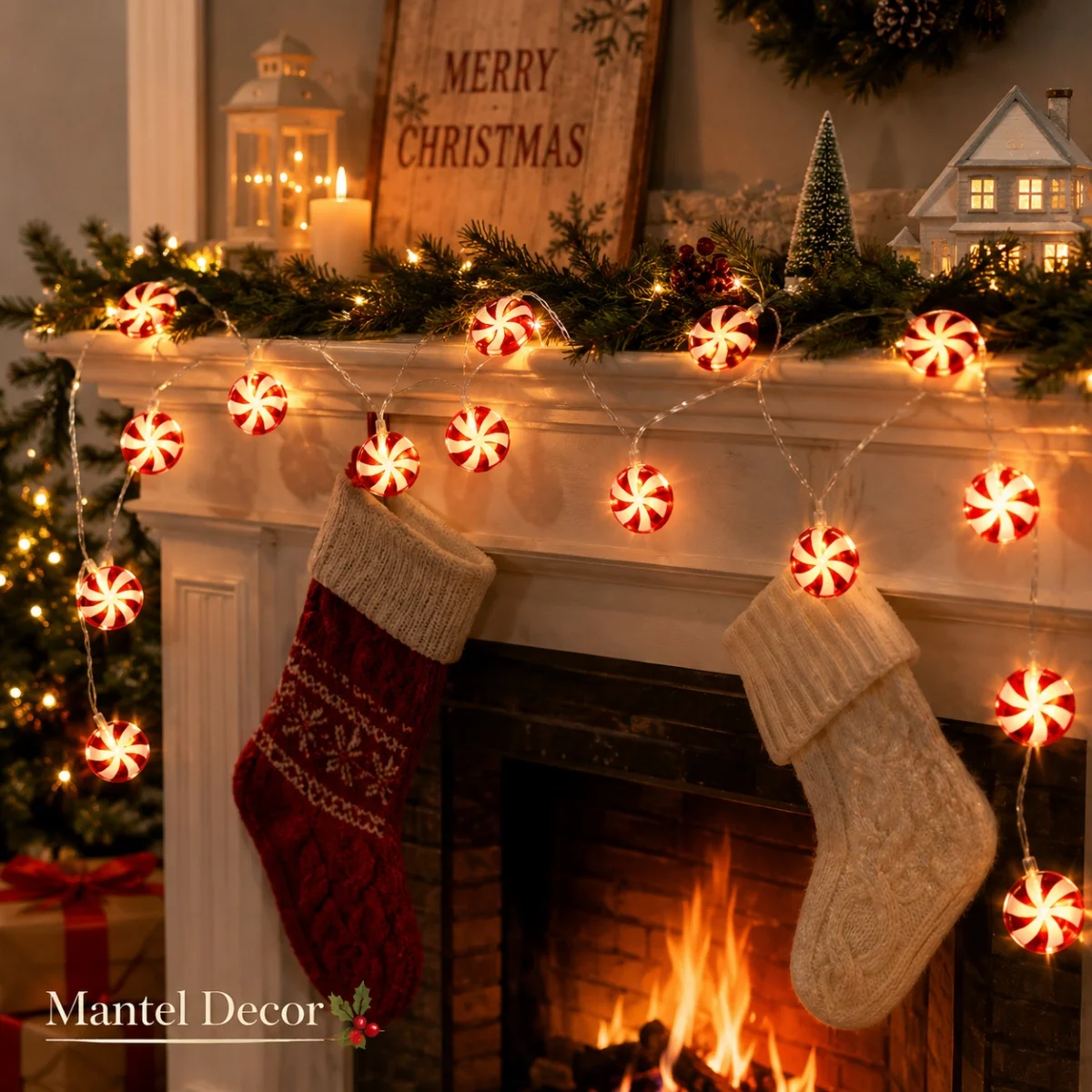 1pc Christmas Candy 10/20 LED String Lights Red White Swirl Candy Pattern Battery Powered Fairy Lamp For Home Holiday Xmas Decor