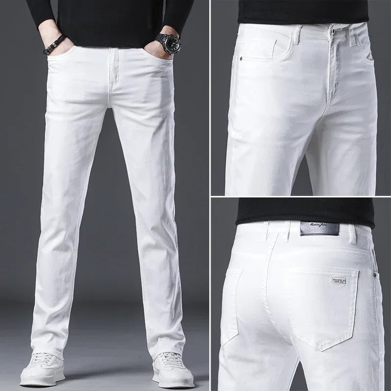 2023 New Spring Autumn Jeans Men Fashion Casual Classic Style Business Straight Fit Soft Trousers Male Advanced White Pants 40