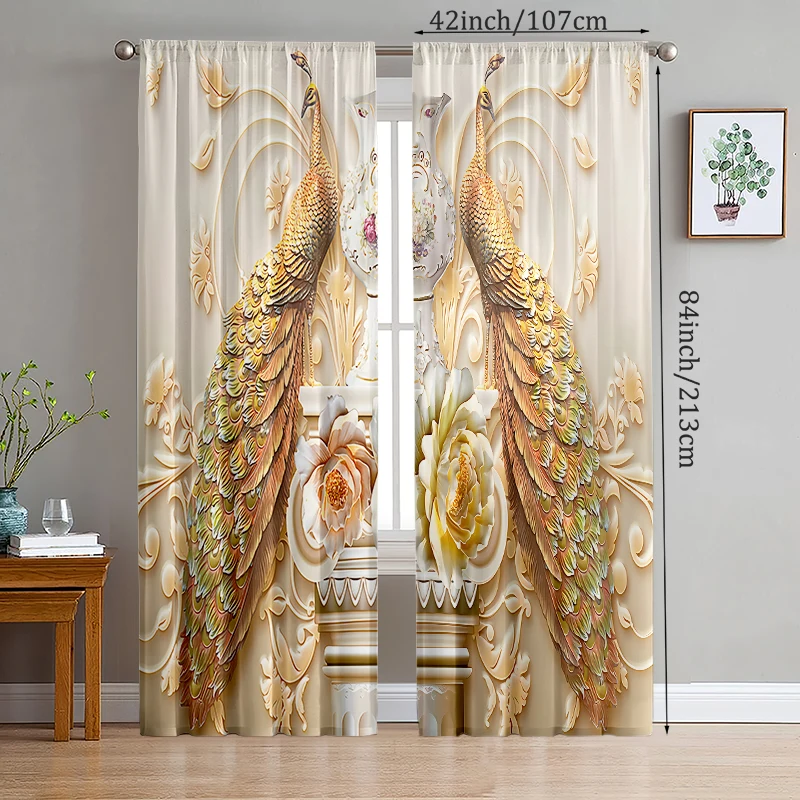 

2 pieces of Golden peacock printed curtains, pole bag curtains, bedroom and living room, home decoration, room decoration