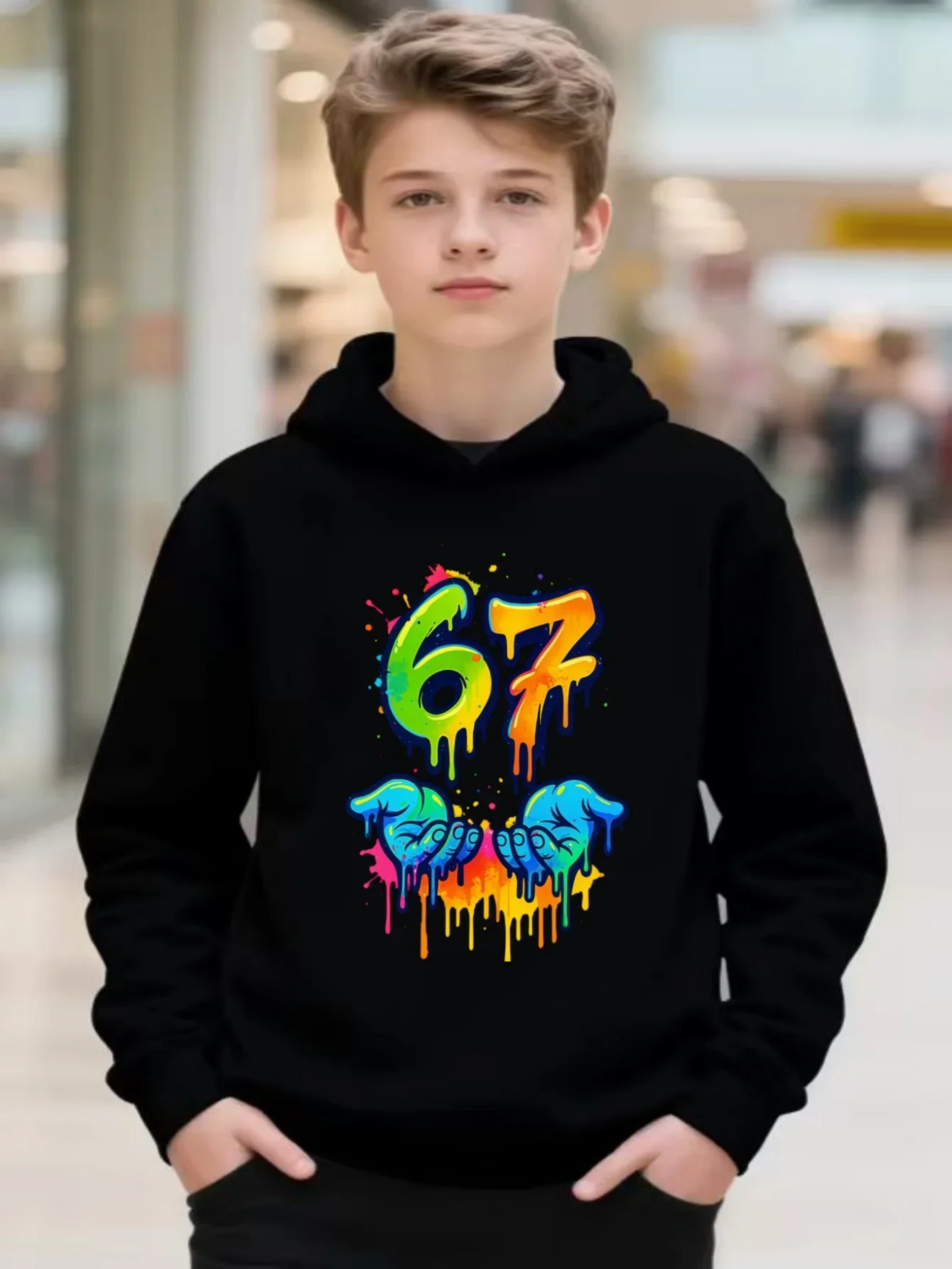 Kids Boys Number 67 Graphic Hoodie Black Printed Rainbow Drip Sweatshirt School Clothes Birthday Present Autumn Winter