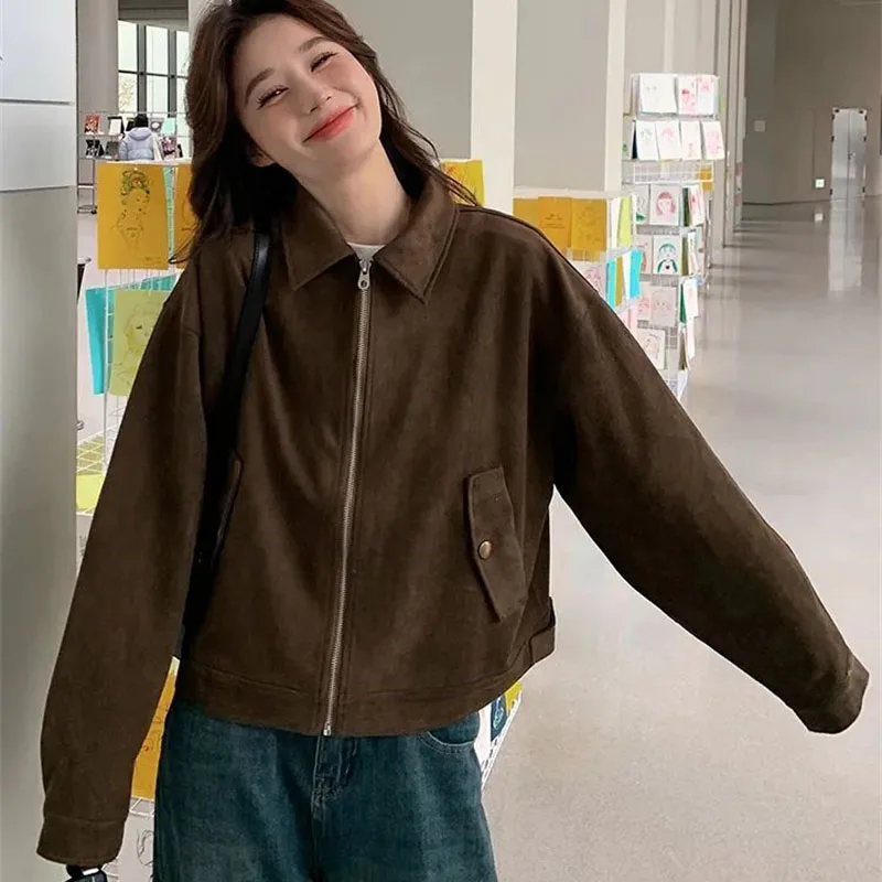 Spring Autumn Ladies Fashion Zipper Short Coat Retro Women Lmitation Suede Lined Outwear Feminine Long Sleeves Leisure Jacket