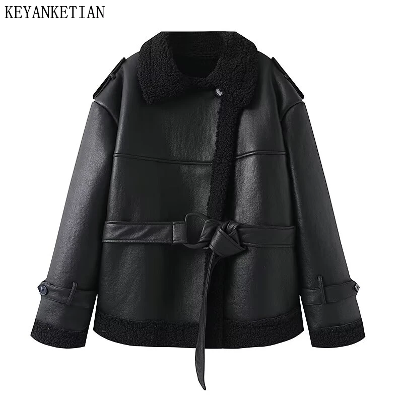 

KEYANKETIAN осенне-зимняя новая женская одежда, замшевый воротник, нашивка на плечо, пояс с манжетами, свободная меховая цельная куртка для женщин
