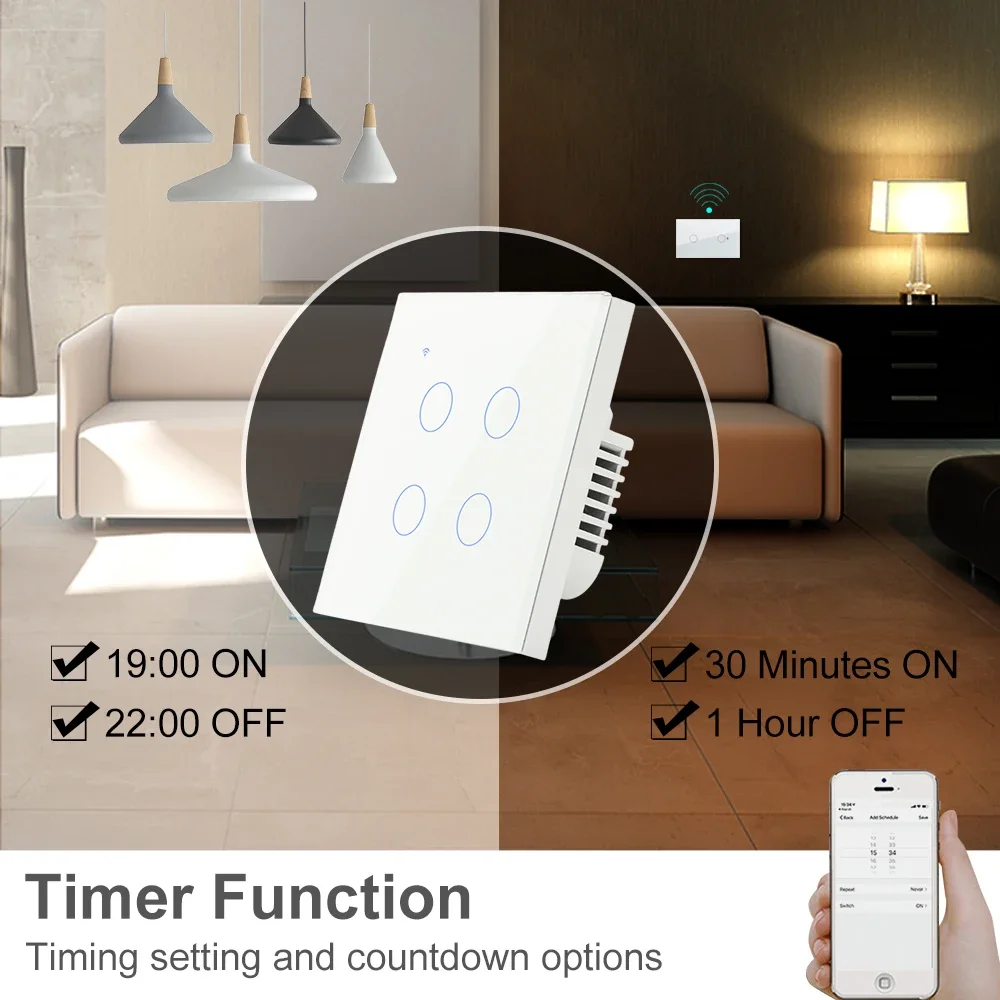 Tuya Smart Life WiFi Wall Touch Button 220V AC Light Switch for Lamp 1 2 3 4 Gang APP Voice Remote Control EU UK Europe Standard