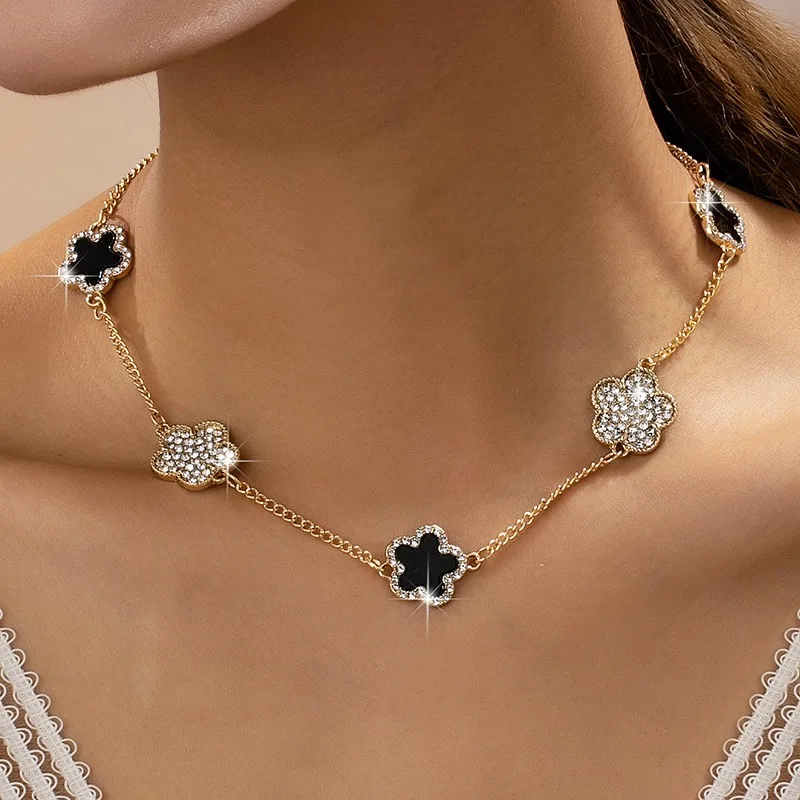 Gold Two‑Sided Clover Choker Necklace, Black Enamel & Crystal Paved Four‑Leaf Clover Chain, Lucky Statement Jewelry for Women