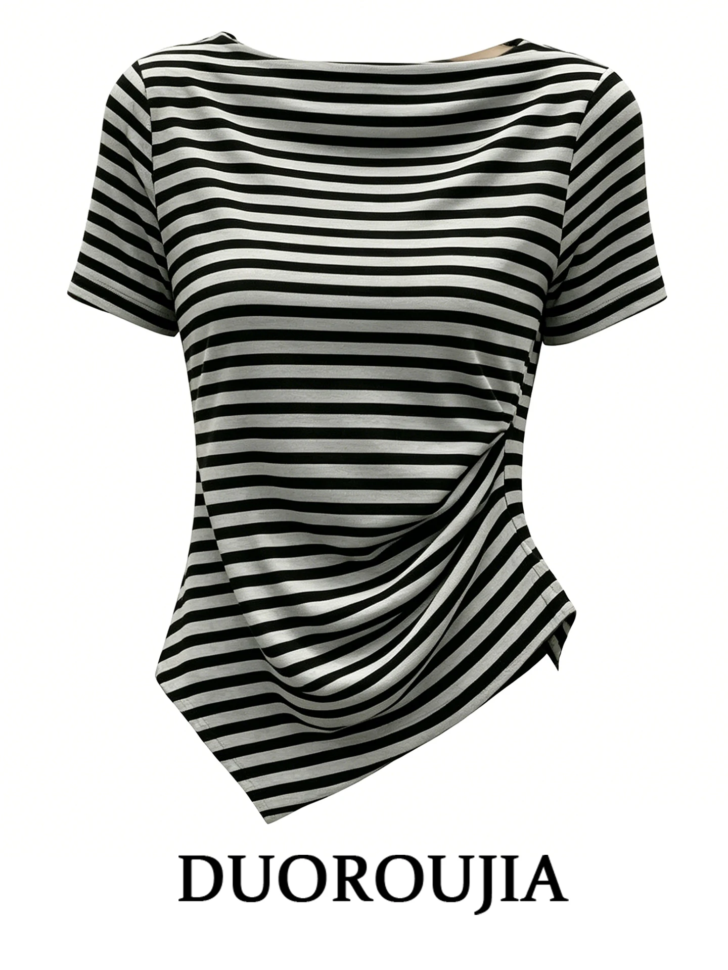 

Slim Fit Striped Short Sleeve T-Shirt Women's Korean Style Summer plus Size Commute Style Top Swing Collar Design Anti-Pilling