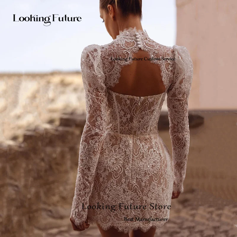 Modern Lace Appliques Ivory Mini Wedding Dresses Exquisite High Neck Long Sleeves Sexy Cut-out Open Back Pleat Equine Bride Gown