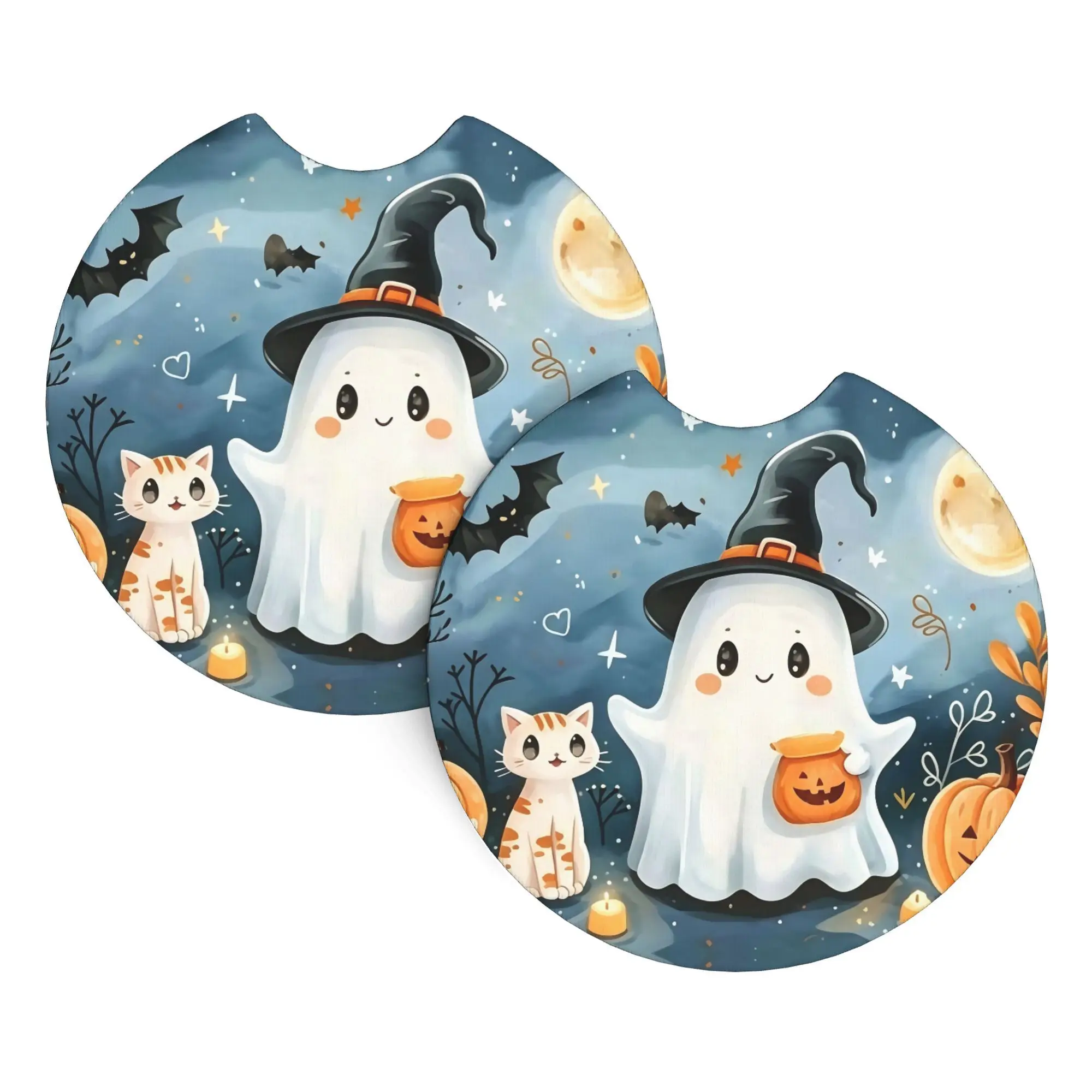 2pcs Halloween Scene Drawing with Cat, Ghost, And Pumpkins Car Cup Holders, Coasters, Car Water Cup Pads, New Year'S