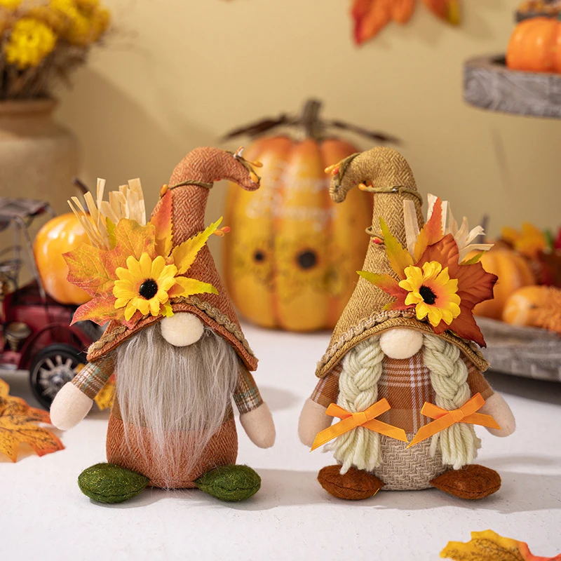 Fall Gnome Maple Leaf and Sunflower Plush Faceless Doll Dwarf Decorations for Christmas, Thanksgiving Decor Gifts