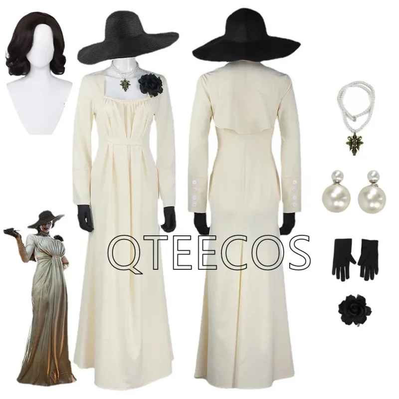 

Lady Dimitrescu Cosplay Costume Chatelain Alcina Biohazard Comtesse Sexy Halloween Party Vampire Clothes Dress Neacklace Hat