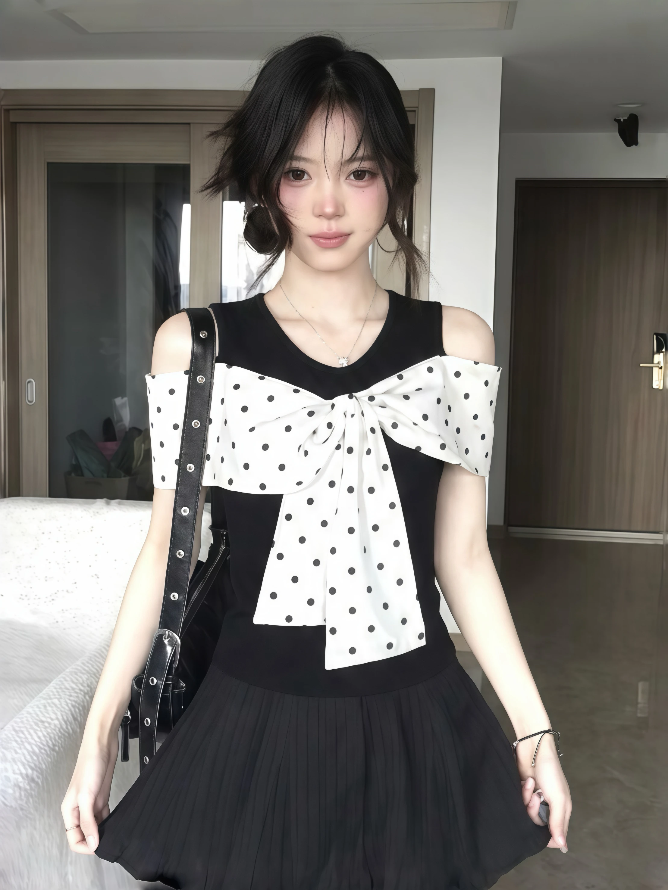 

Korean Style Polka Dot Knot Splice Shoulder Bared Short Sleeve T Shirt Women Summer Slimming Short Black Top