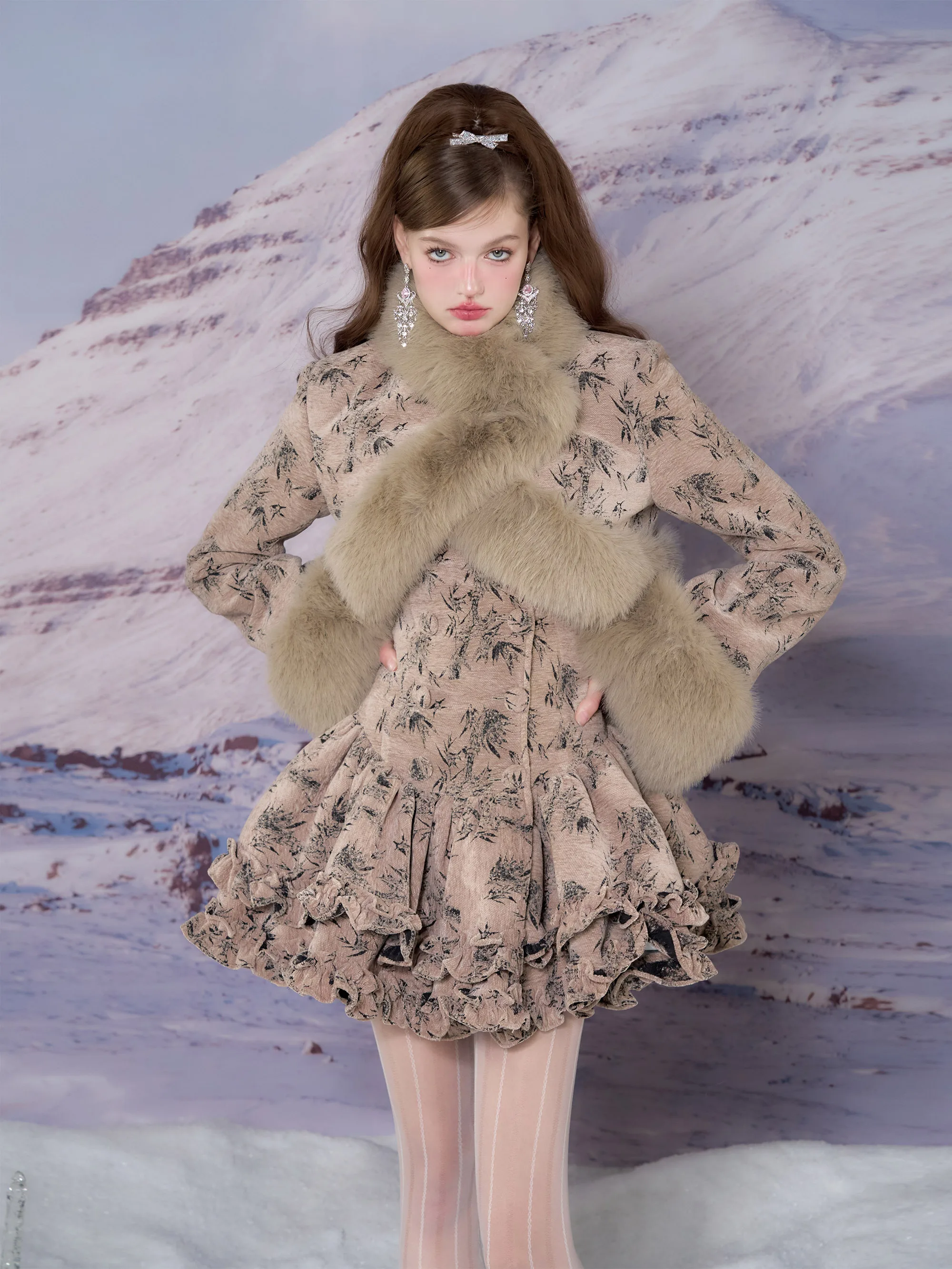 

Autumn and winter new retro fur collar warm long-sleeved tutu dress dress casual suit women