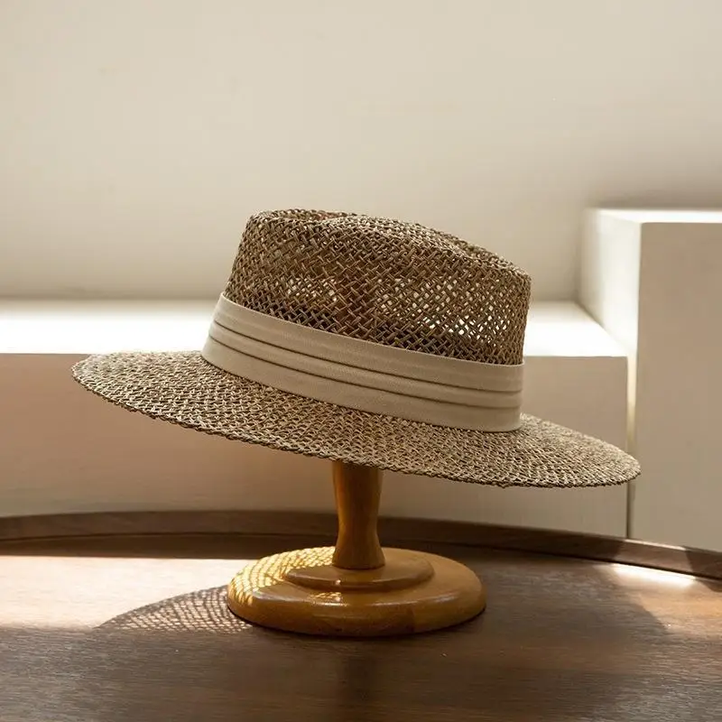 Breathable Handwoven Straw Boater Hat Natural Hollow Weave Black Ribbon for Sun Protection Beach Trips