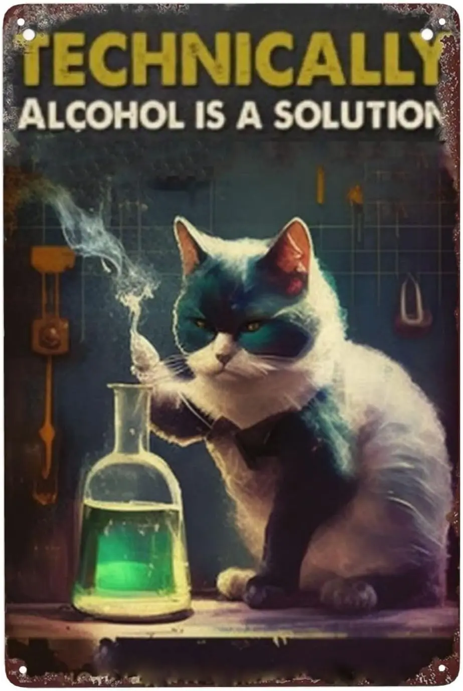Funny Cat Tin Sign - Vintage 'Technically Alcohol is a Solution' Design - Retro Metal Wall Art for Man Cave or Dining Ro