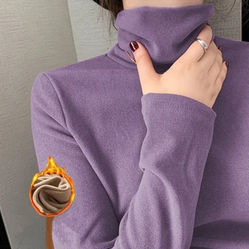 1pcs Women Autumn Winter Thickening Warm Long-sleeved T-shirt Pile Collar Thermal Underwea