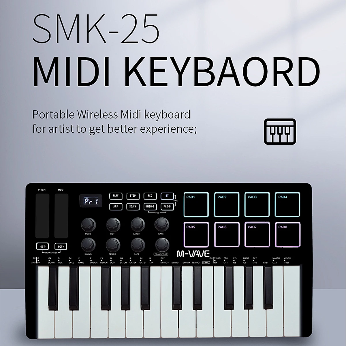 M-VAVE SMK-25 MIDI Controller Black – 25 Velocity Keys, 8 Pads with Aftertouch, Smart Chords, USB/Bluetooth, for Studio