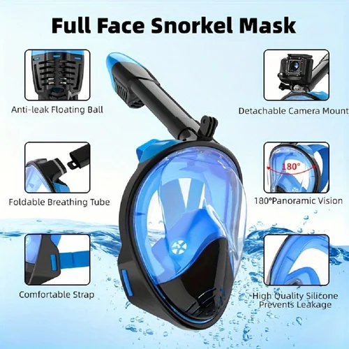 Imagen 2 del producto Máscara de snorkel de cara completa con soporte de cámara desmontable, máscara de snorkel para natación y buceo, visión amplia, antiniebla, antifugas para adultos y jóvenes