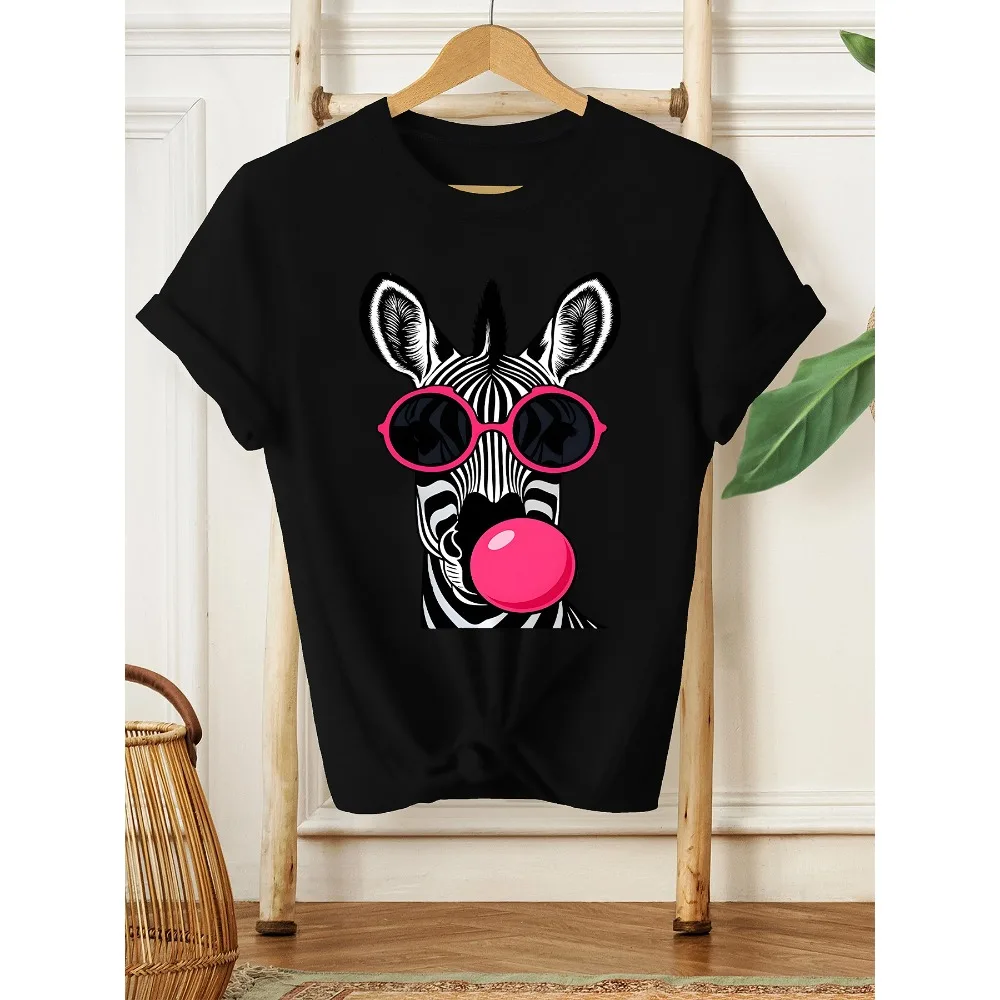 Cool Zebra with Sunglasses Bubble Gum T-Shirt Funny Animal Graphic Tees Casual Short Sleeve Tops for Women