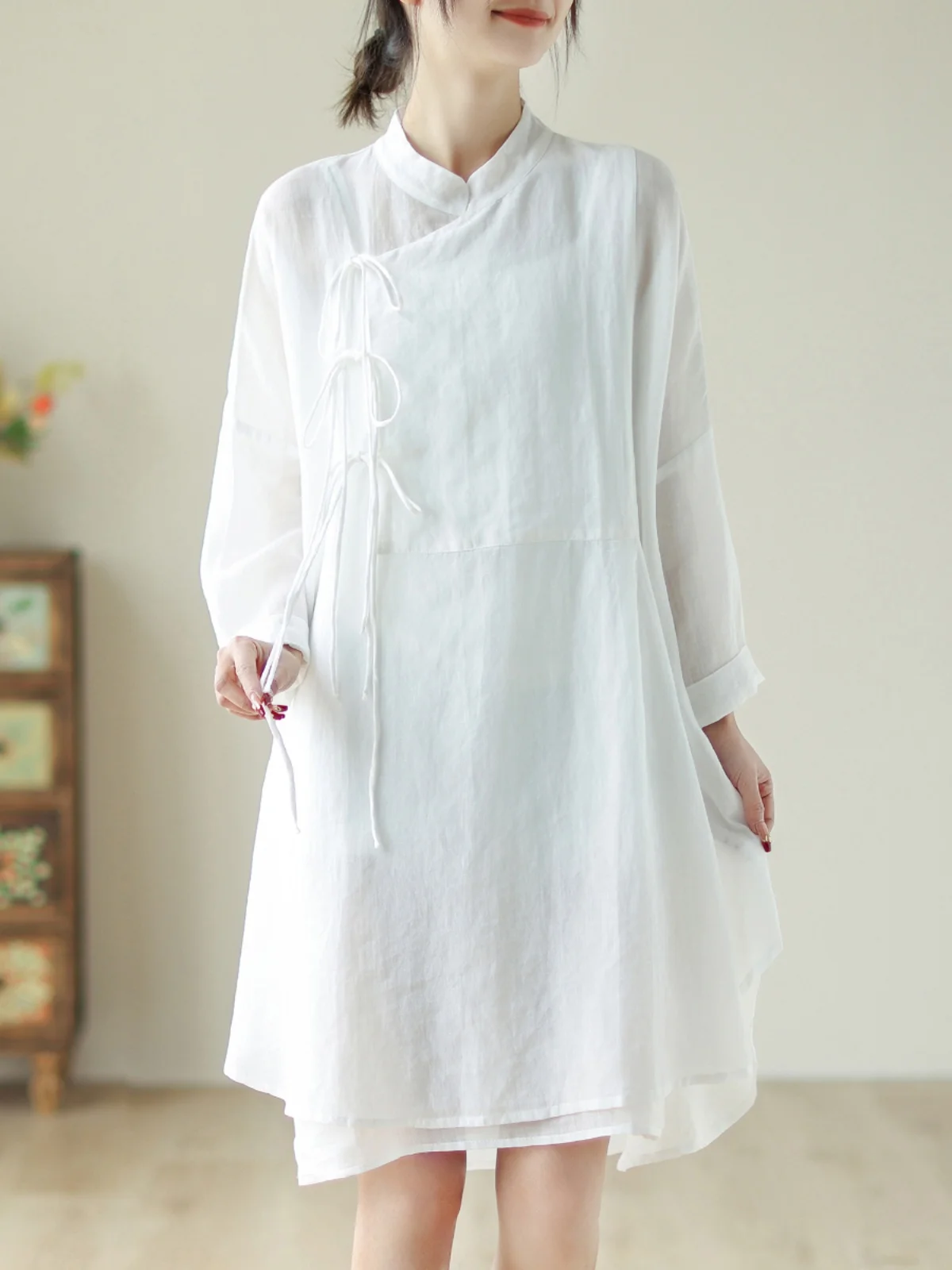 

New Chinese Sle Women's irt Spring Loose Long Sve Button up Stand Collar Cotton Traditional Hanfu Top Trendy Commute Wear