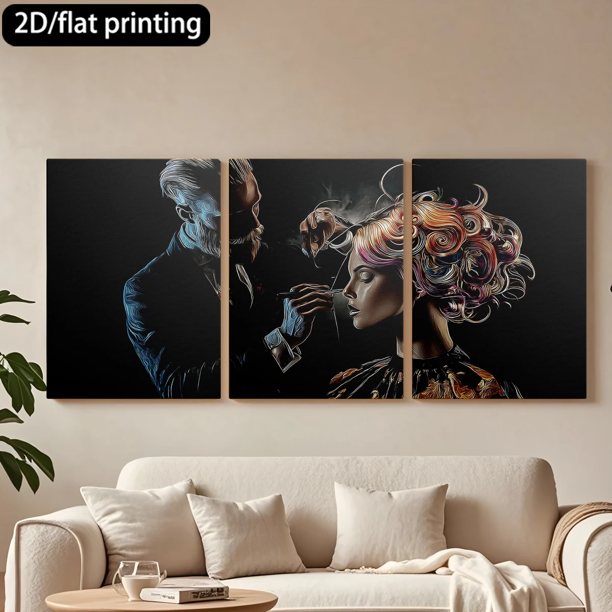 

Декоративная картина на холсте с 2D-печатью и деревянной рамкой (3 шт.) с изображением стилиста, создающего кудрявую прическу. Декор для коридора и спальни.