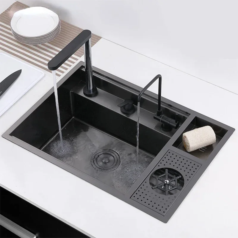 Black Concealed Kitchen with Lid Stainless Steel Multifunctional Bar Built-In Vegetable Sink with Cup Wash Middle Downspout