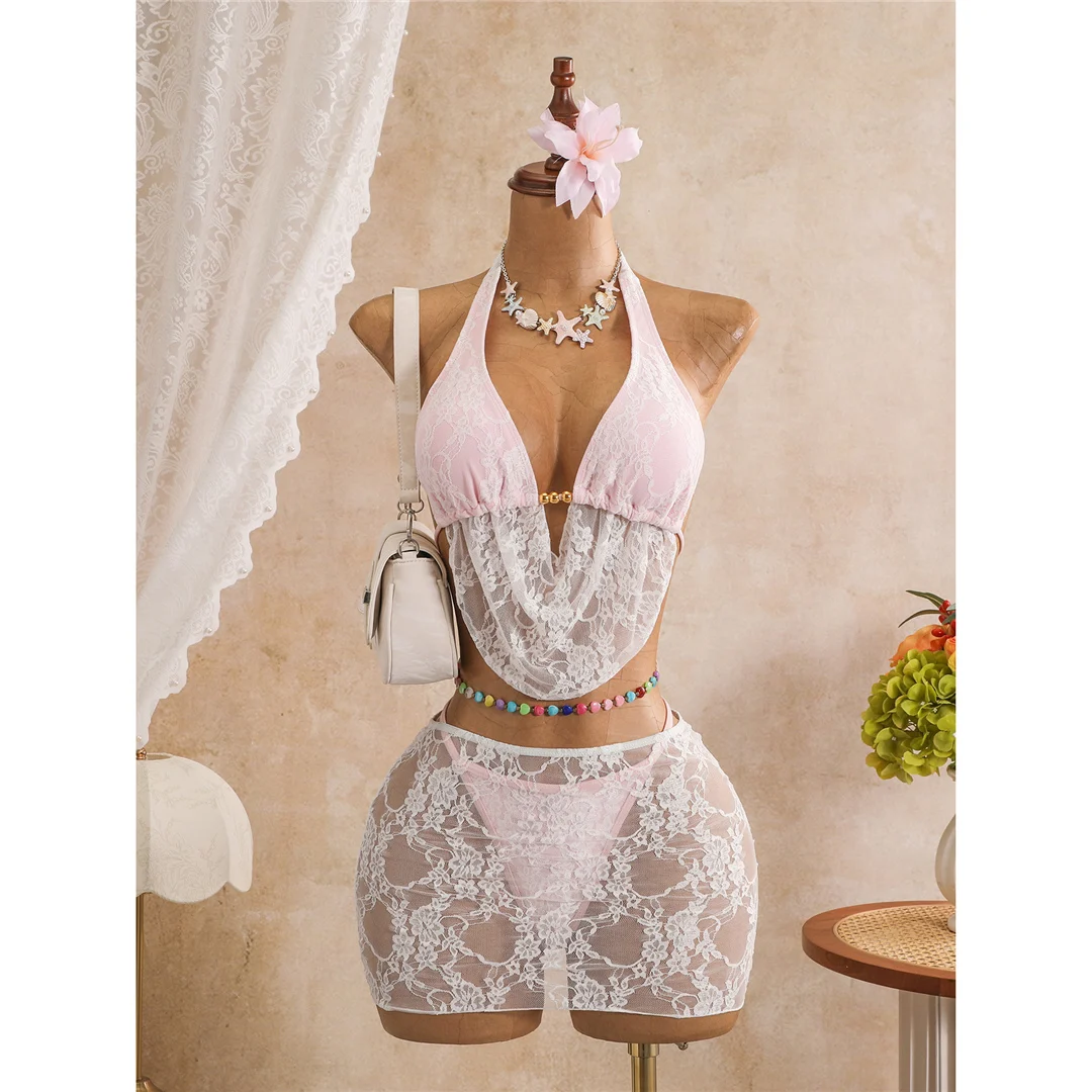 Mit Rock, Spitze, Neckholder-Bikini, Damen-Badeanzug, Damen-Bademode, dreiteiliges Bikini-Set, hoch geschnittene Beine, Badeanzug, Badebekleidung, Schwimmbekleidung V8418 – Detail 11