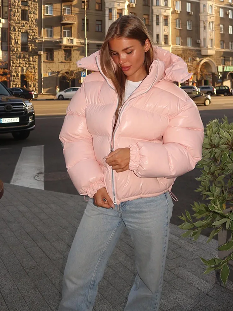 Kurze Glänzende Kapuzenjacke für Damen, Street-Style Stehkragen, Laternenärmel, Lose Passform, Modische Damenjacken, Neue Oberbekleidung – Detail 20