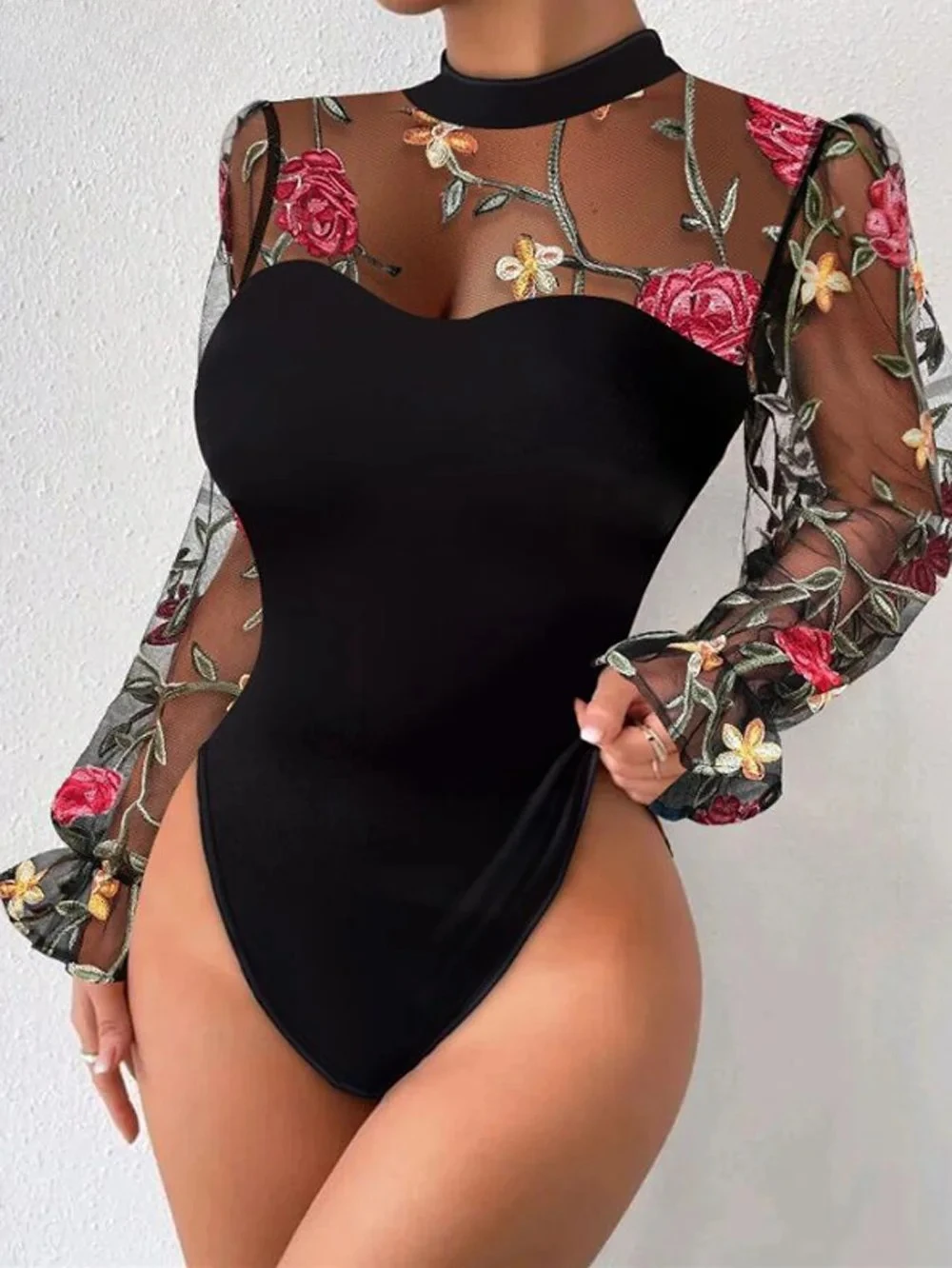 

Женское сексуальное прозрачное сетчатое лоскутное боди с цветочной вышивкой, винтажное женское сетчатое боди, черный топ для вечеринки в ночном клубе