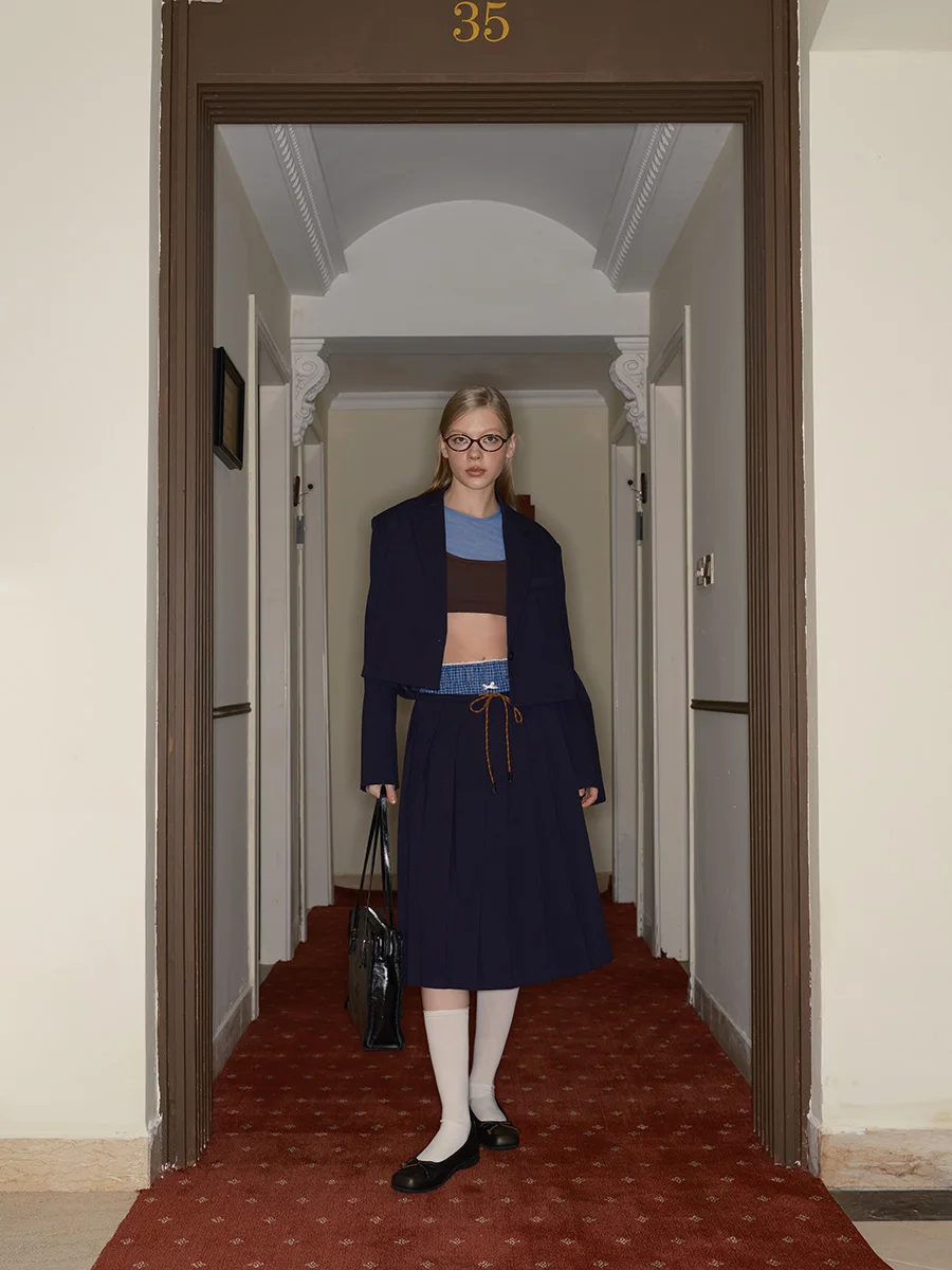 

Deep Blue ort Suit Jaet Women's Retro 3D Tailoring One-Button irt DKZ Autumn New Sle Straight Tube Long Sve Coat