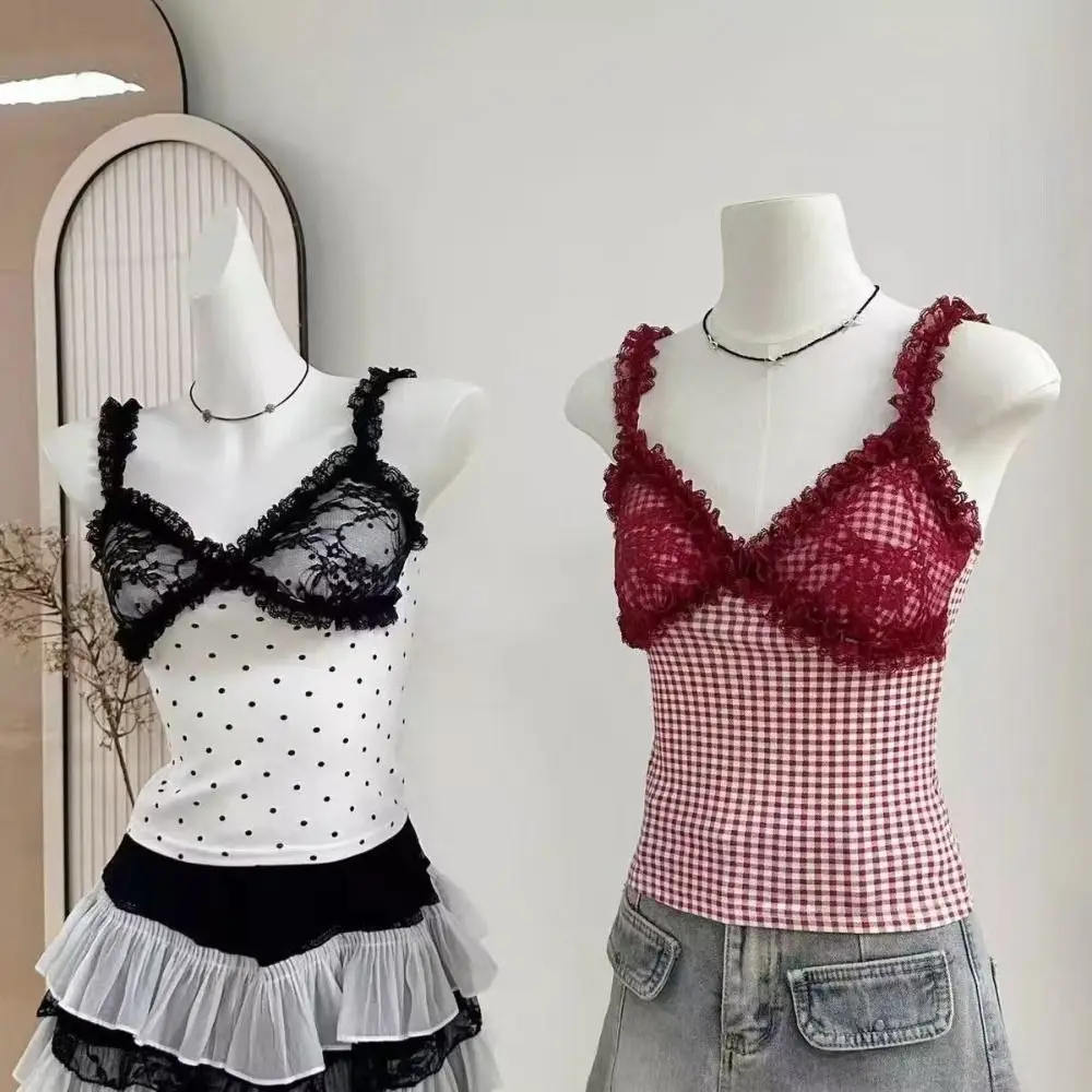 Mode Spicy Girl Stil Ärmelloses Crop Top V-ausschnitt Slim Fit Frauen Hosenträger Top Mesh Dot Süße Spitze Leibchen mit Pads Meer
