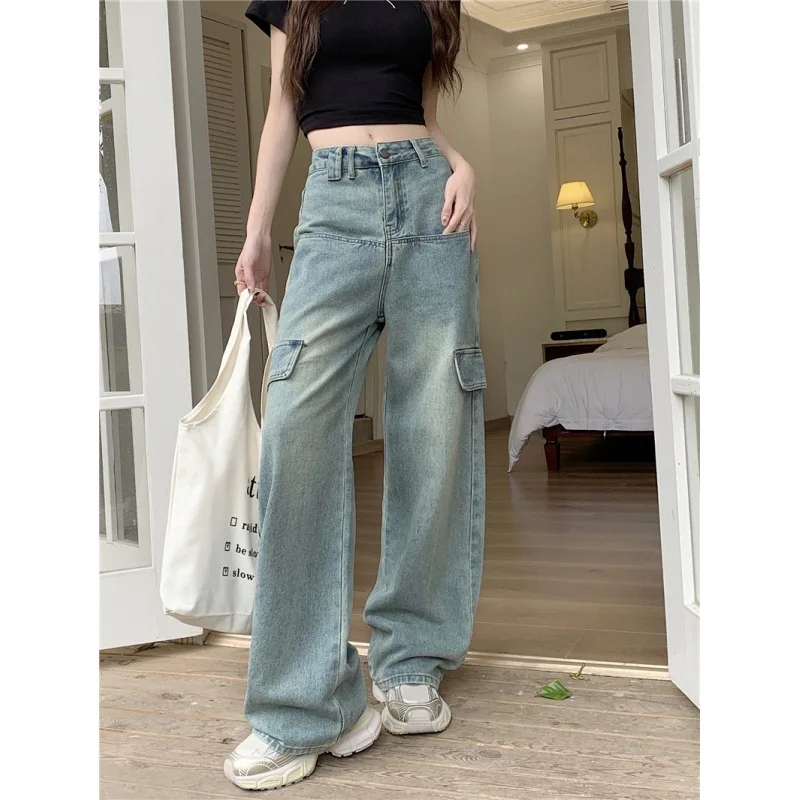 Women Jeans Straight Distressed Pants Denim Washing High Waist Loose Fit Pockets Basics Full Length Pants Slight Strech 2024