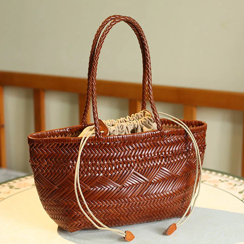 Chic Multifunctional Split Leather Handbag Female Sleek Woven Shoulder Bags Lady Large Capacity Tote Bag for Casual & Travel