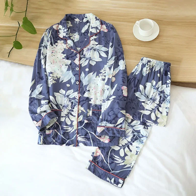 

Spring and Autumn Women's100% viscose long-sleeved trouserslarge floral cotton silklarge size thin cardiganhome serviceshirt set