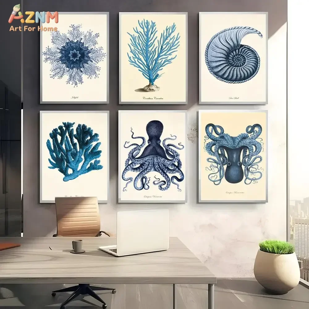 AZNM Vintage Blue Marine Canvas Wall Art, Coral Octopus Jellyfish Nautilus Seashell Scientific Illustration Print, Ocean Coastal