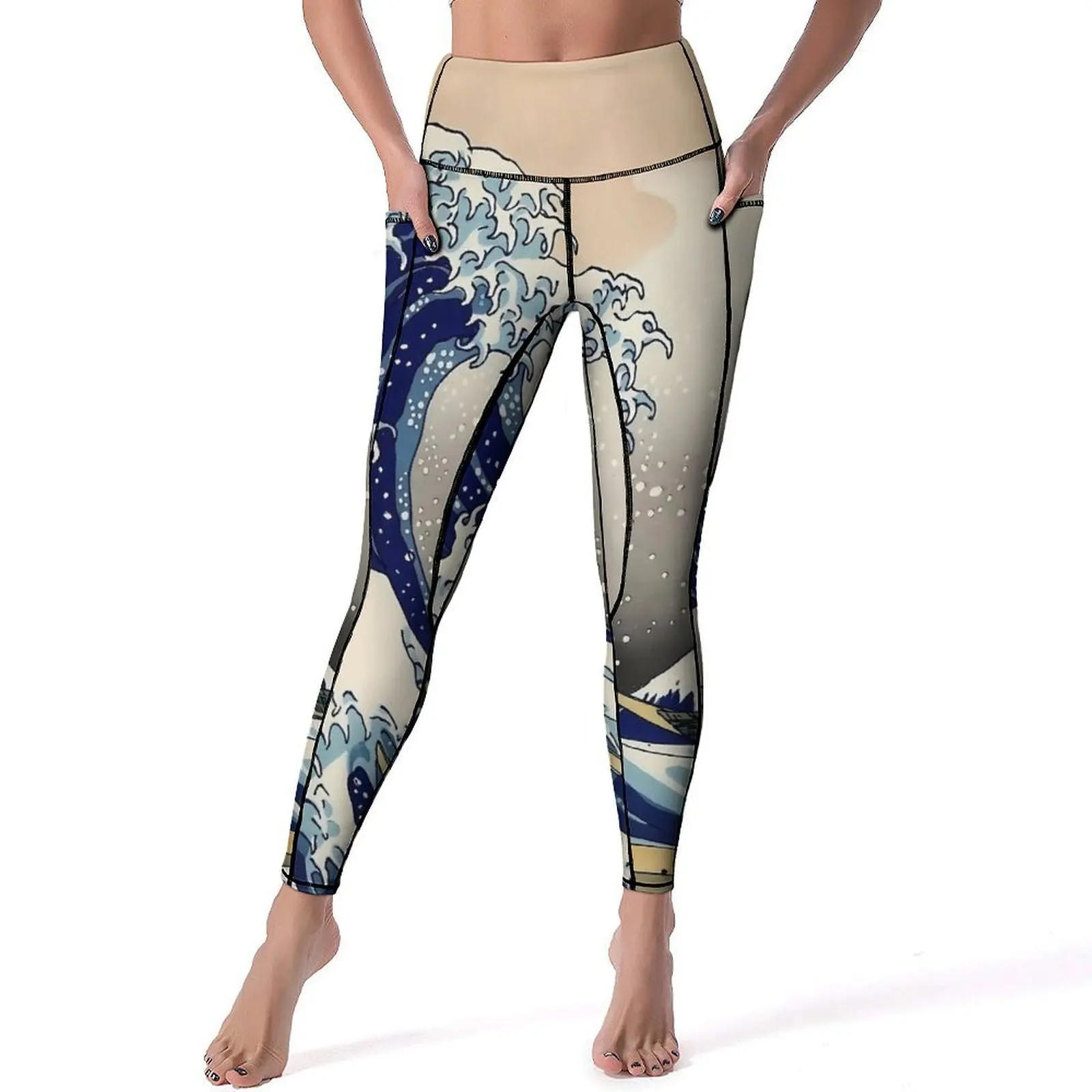 Geweldige golfprint yogabroek met zakken leggings sexy hoge taille retro yoga sportlegging sneldrogend ontwerp workout leggings