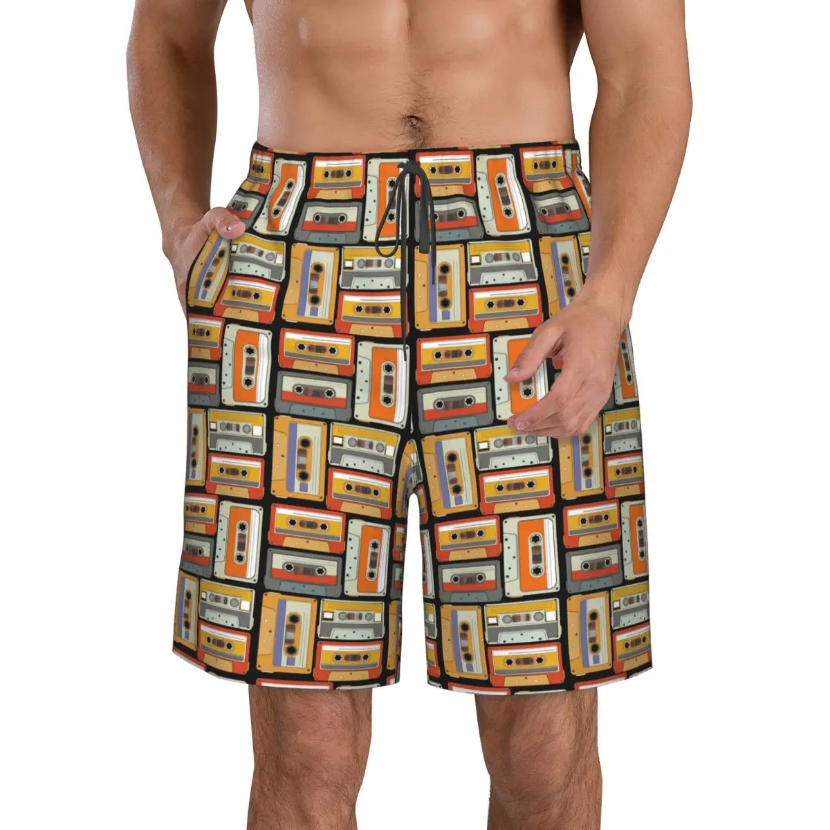 80s Generation Vintage Cassettes Trunks Beach Board Shorts Casual Quick Dry Swim Summer Men Pants