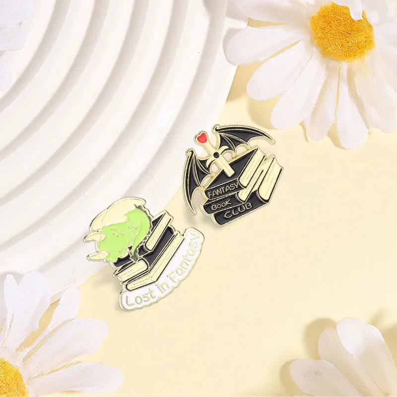 Fantasy Book Club Sword Dragon Wings Enamel Pin Lost In Fantasy Green Dragon Sleeping on Books Brooch Lapel Badge Jewelry Gift