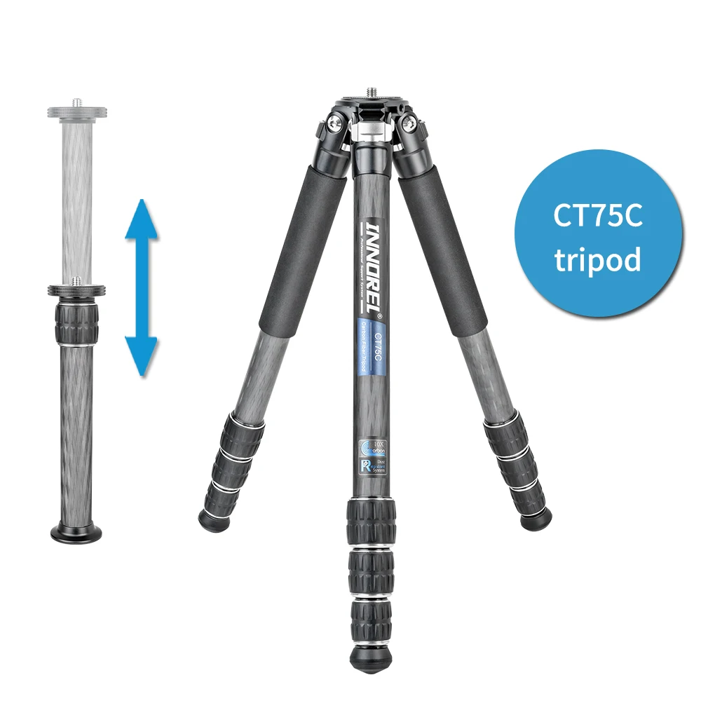 INNOREL CT75C/CT85C Koolstofvezel reisstatief voor DSLR-camera Zware standaard met balhoofd met lage zwaartekracht en korte middenkolom