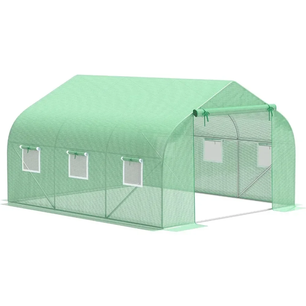 

Greenhouse, 20' X 10' X 7' Outdoor Walk-in Greenhouse with Roll-up Windows, Zippered Door, PE Cover, Steel Frame, Green House