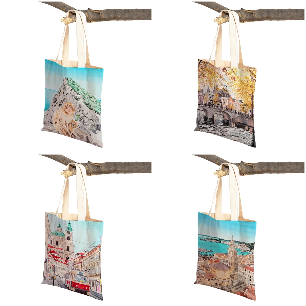 London Spain Italy Barcelona Paris France City Lady Shopper Bag Double Print Handbag Fashion Casual Women Shopping Shoulder Bags