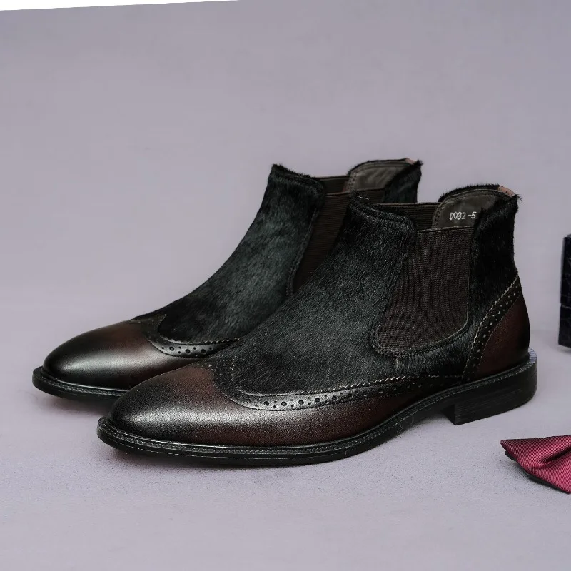 Slip on Mens Chelsea Brogues Shoes Luxury Genuine Leather 2026 Autumn British Style Daily Outdoor Elegant Ankle Boots for Man