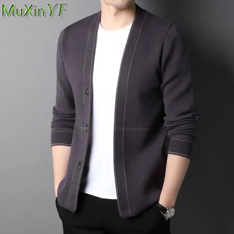 

2022 Autumn Winter Men's Sweater Jacket Casual Joker Basic Black Single Button Knit Cardigan V-Neck Outerwear Daily Coats