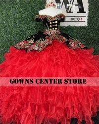 Vintage Mexican Embroidery Quinceanera Dresses With Bow Black And Red Ball Gown Birthday Off The Shoulder Sweet 16 Customized