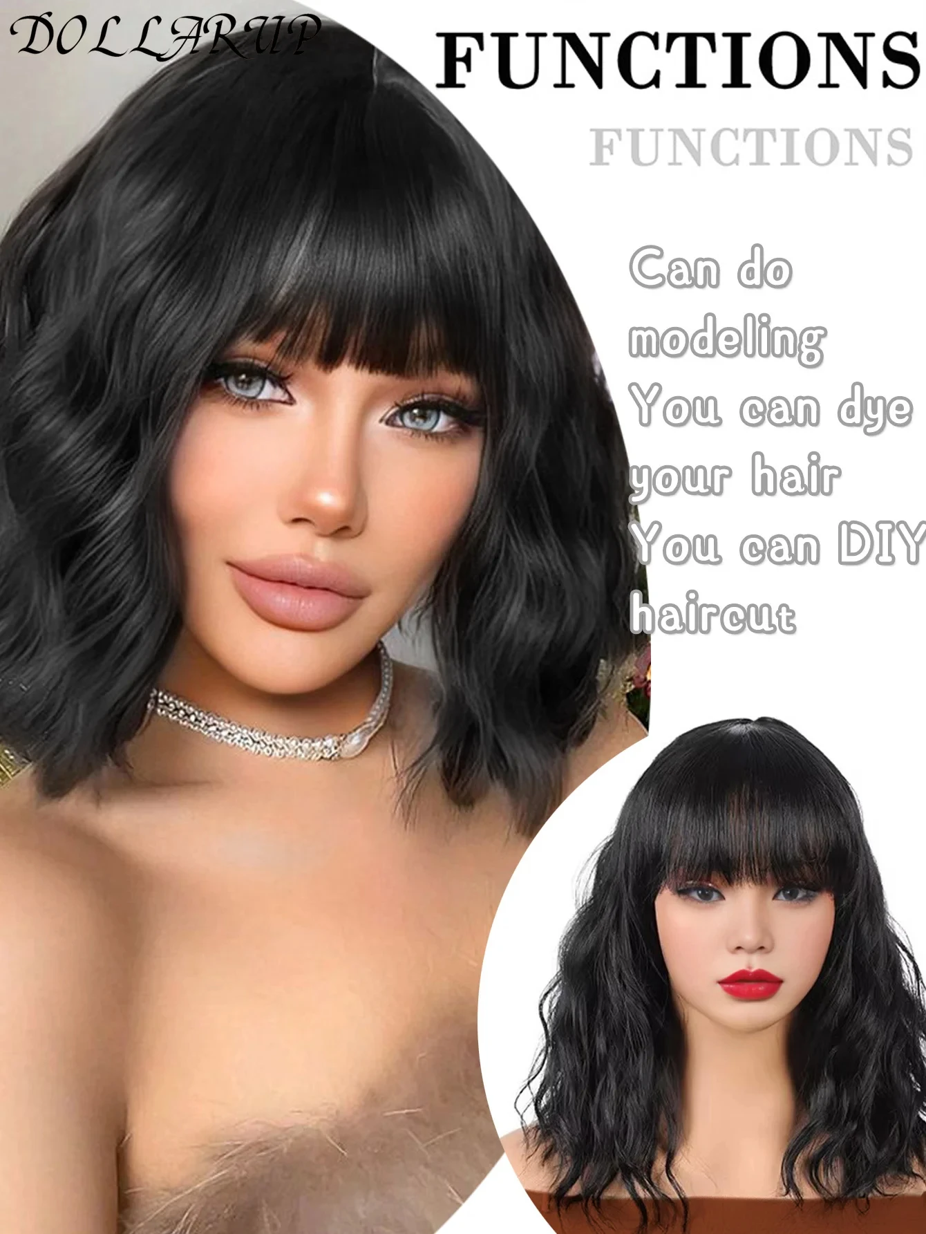 شعر مستعار JKL أسود ذهبي فاتح مجعد بوب مع غرة تموج الماء - شعر صناعي قصير للحفلات التنكرية والارتداء اليومي وتصفيف الأزياء #5