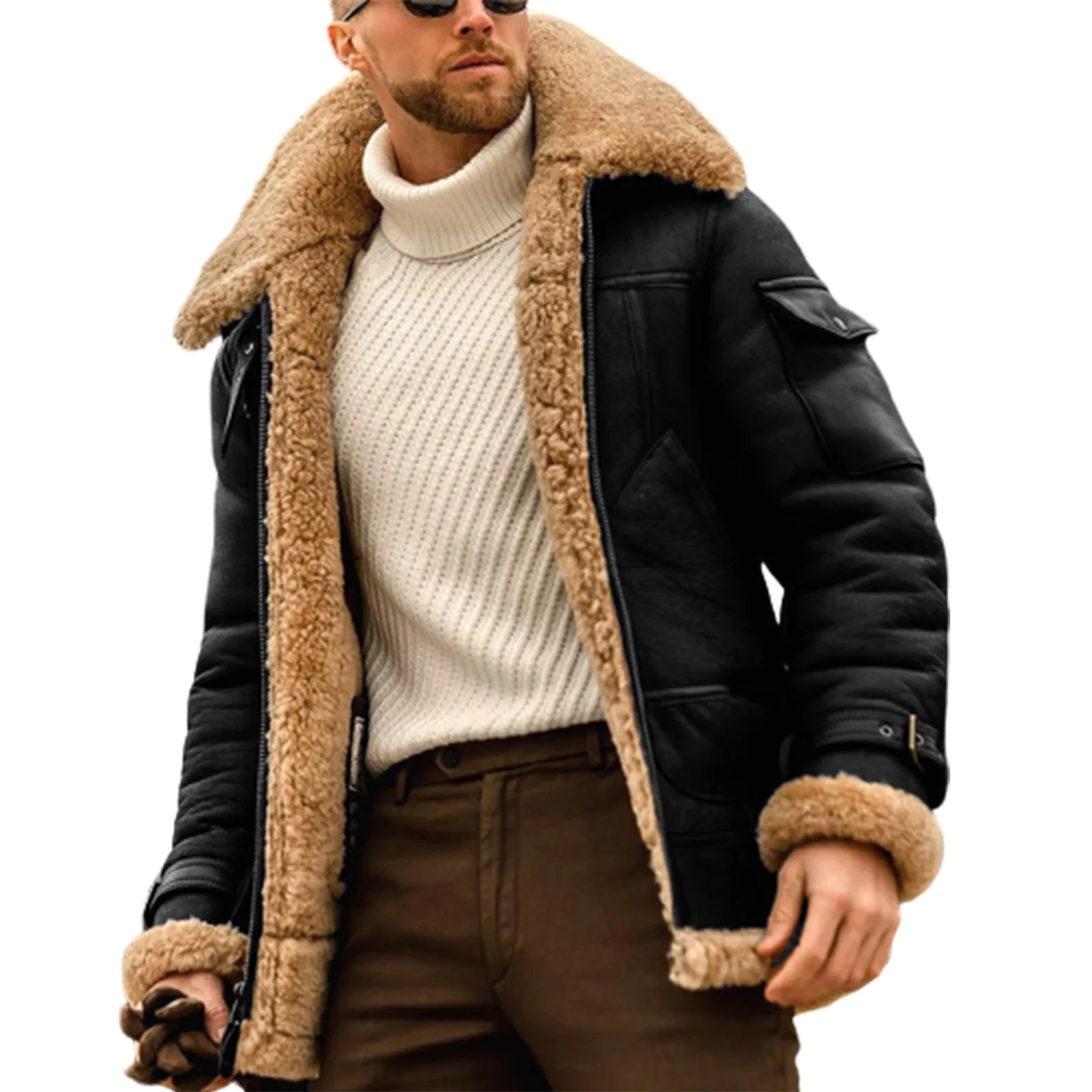 Men's Warm Leather Jacket with Unique Fashion Fur Suede Collar Ideal Gift for Extreme Winters