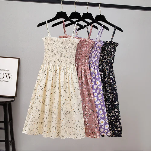 Minivestidos de verano a la moda para mujer, vestido informal elástico de cintura alta con tirantes finos sin mangas, Vestidos de gasa para mujer