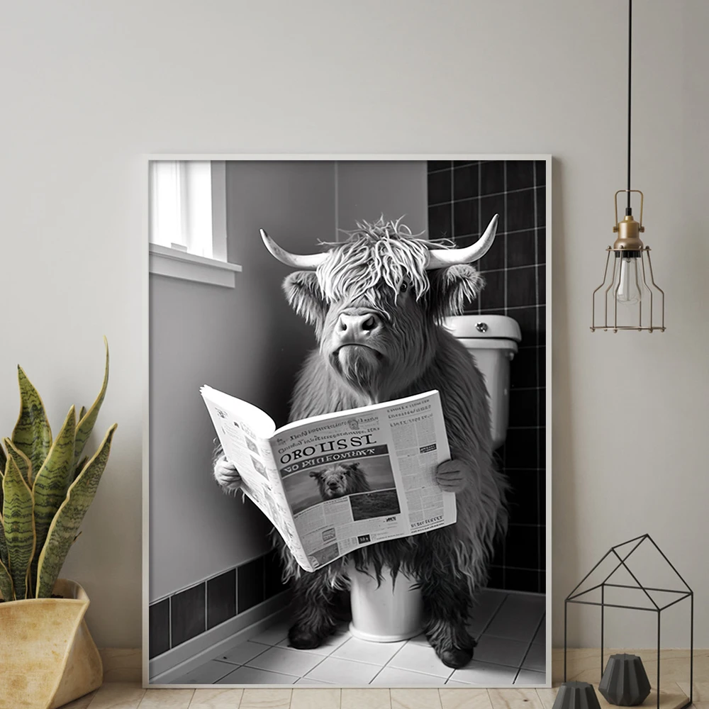 Animals Sitting on the Toilet Reading a Newspaper Prints Poster Funny Bathroom Wall Decor Picture Monkey Dog Cow WC Wall Paining