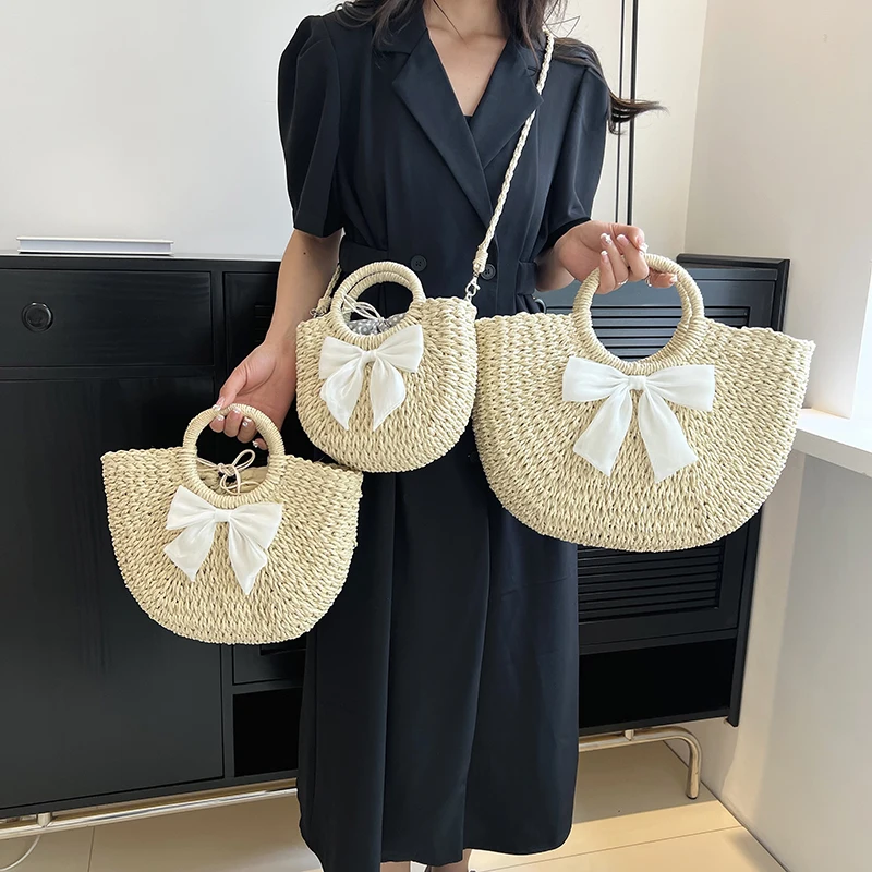 Handmade Half-Round Rattan Woven Straw Bag Summer Women Messenger Crossbody Bags Girls Small Beach Handbag 2024 New