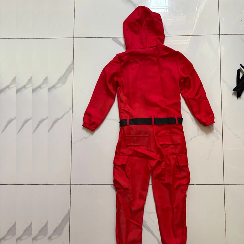 TV Calamari Game Guard Cosplay Costume Red Jumpsuit Outfit Adult Teenagers Tracksuit Hooded Overall Belt Gloves Mask Set Hallowe