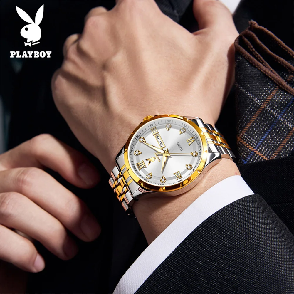 PLAYBOY 3098 Men Watch Diamond Dial Stainless steel Solid Case Waterproof Double Calendar Wristwatch Man